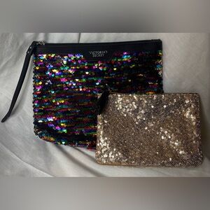 Set of 2 PINK Victoria's Secret Multicolor and Ipsy Gold Sequin Clutch Set- GUC